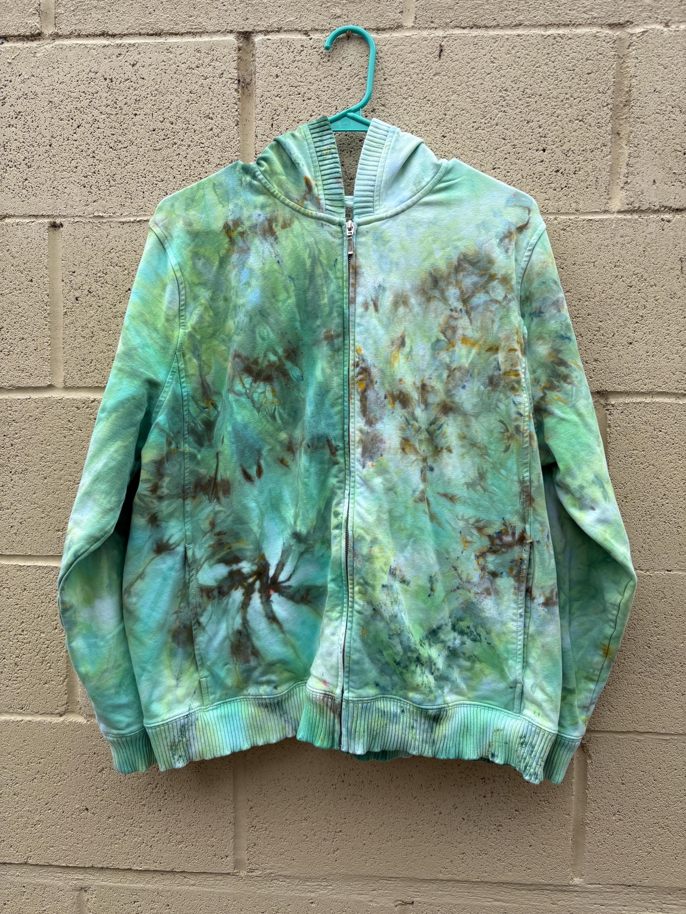 Hand-Dyed Zip-Up Hoodie – XL – Leprechaun Princess | Emerald Green Ice Dye | One-of-One | 2DogsCreative