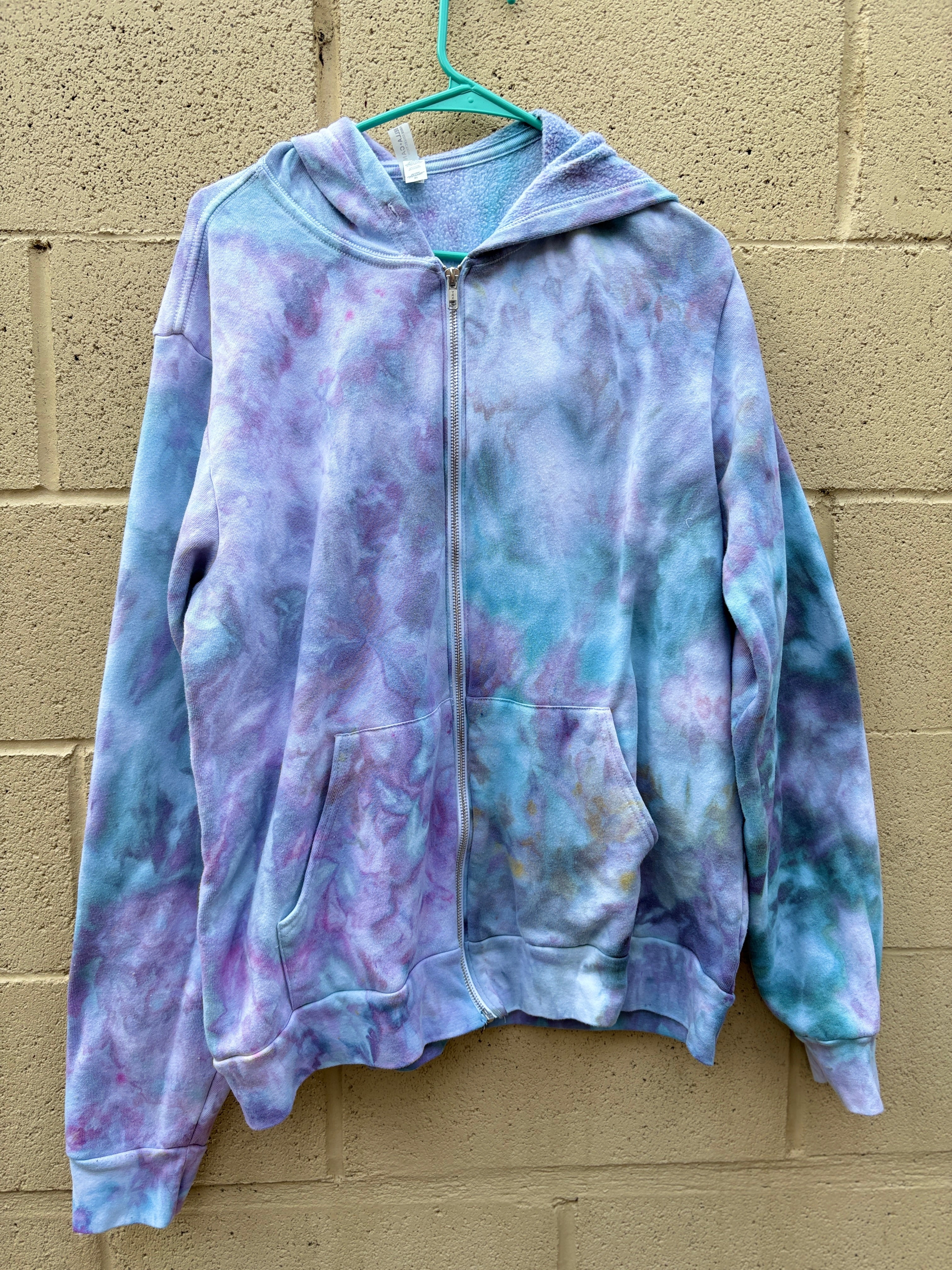 XL Hand-Dyed Ice Dye Zip-Up Hoodie – Blue & Teal Winter Blend | Supports Dog Rescues | 2DogsCreative