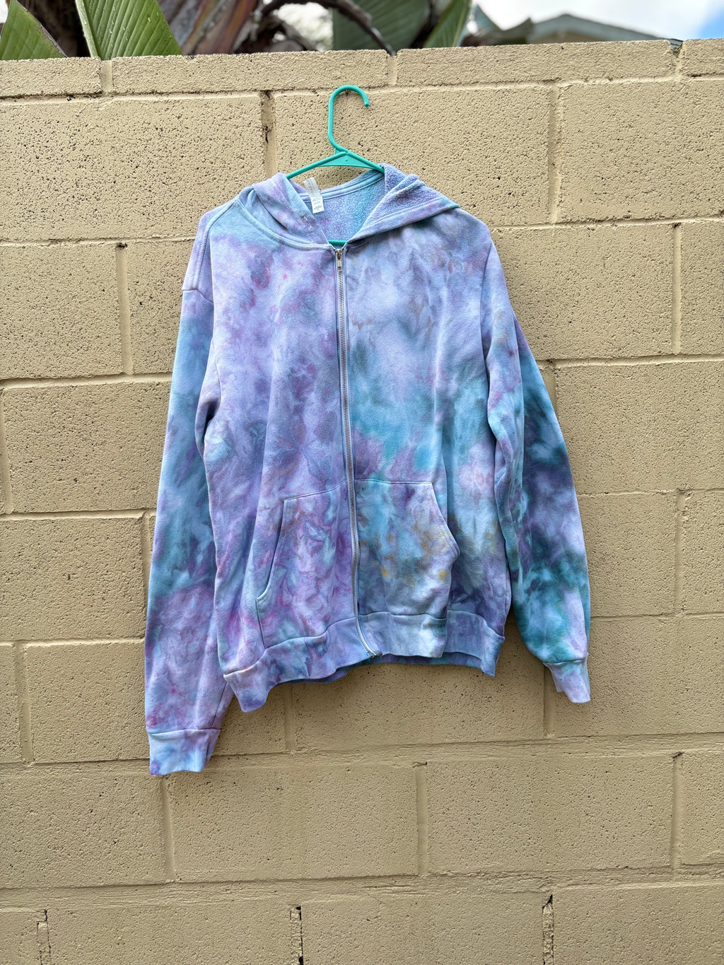 XL Hand-Dyed Ice Dye Zip-Up Hoodie – Blue & Teal Winter Blend | Supports Dog Rescues | 2DogsCreative