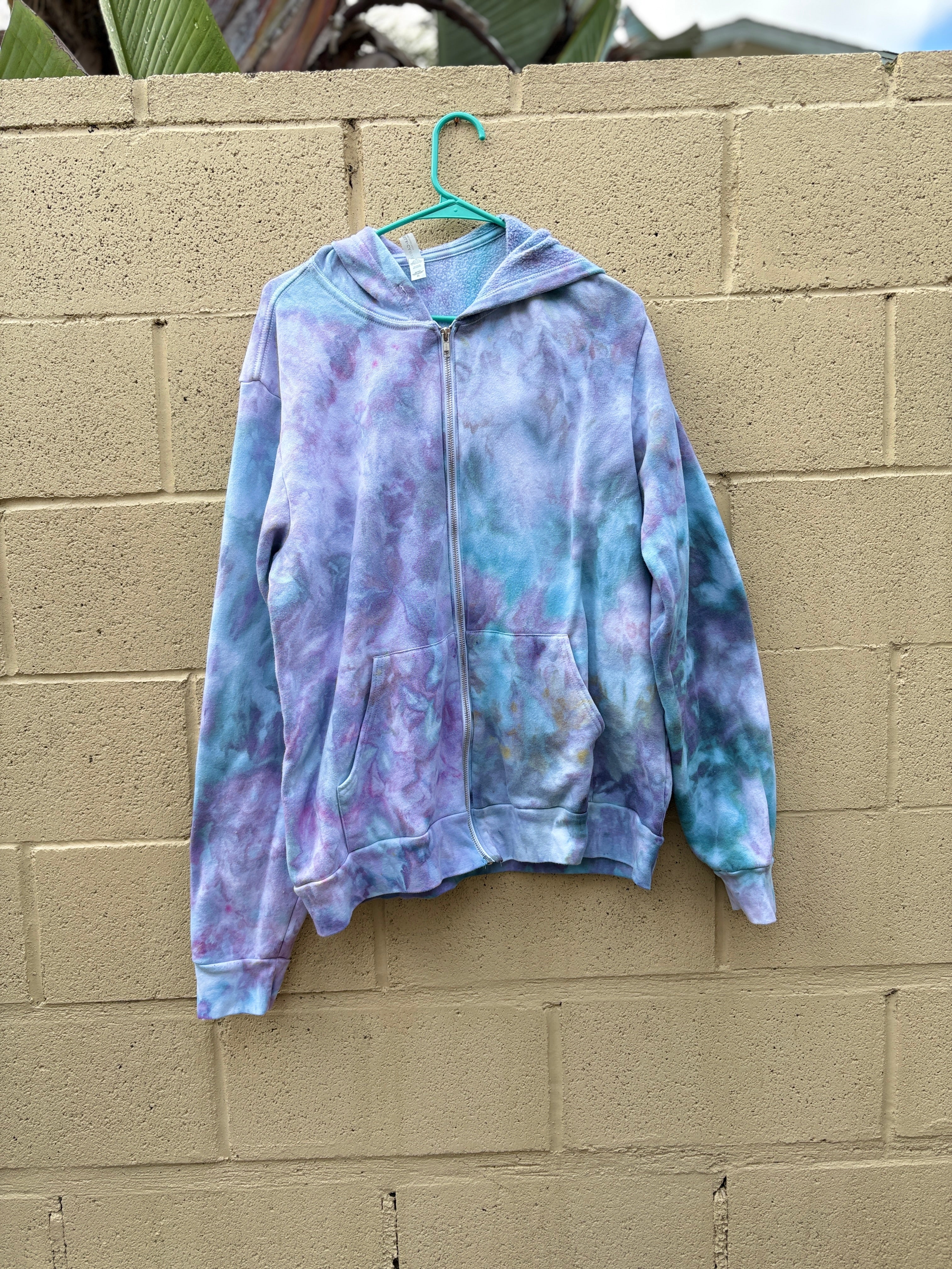 XL Hand-Dyed Ice Dye Zip-Up Hoodie – Blue & Teal Winter Blend | Supports Dog Rescues | 2DogsCreative