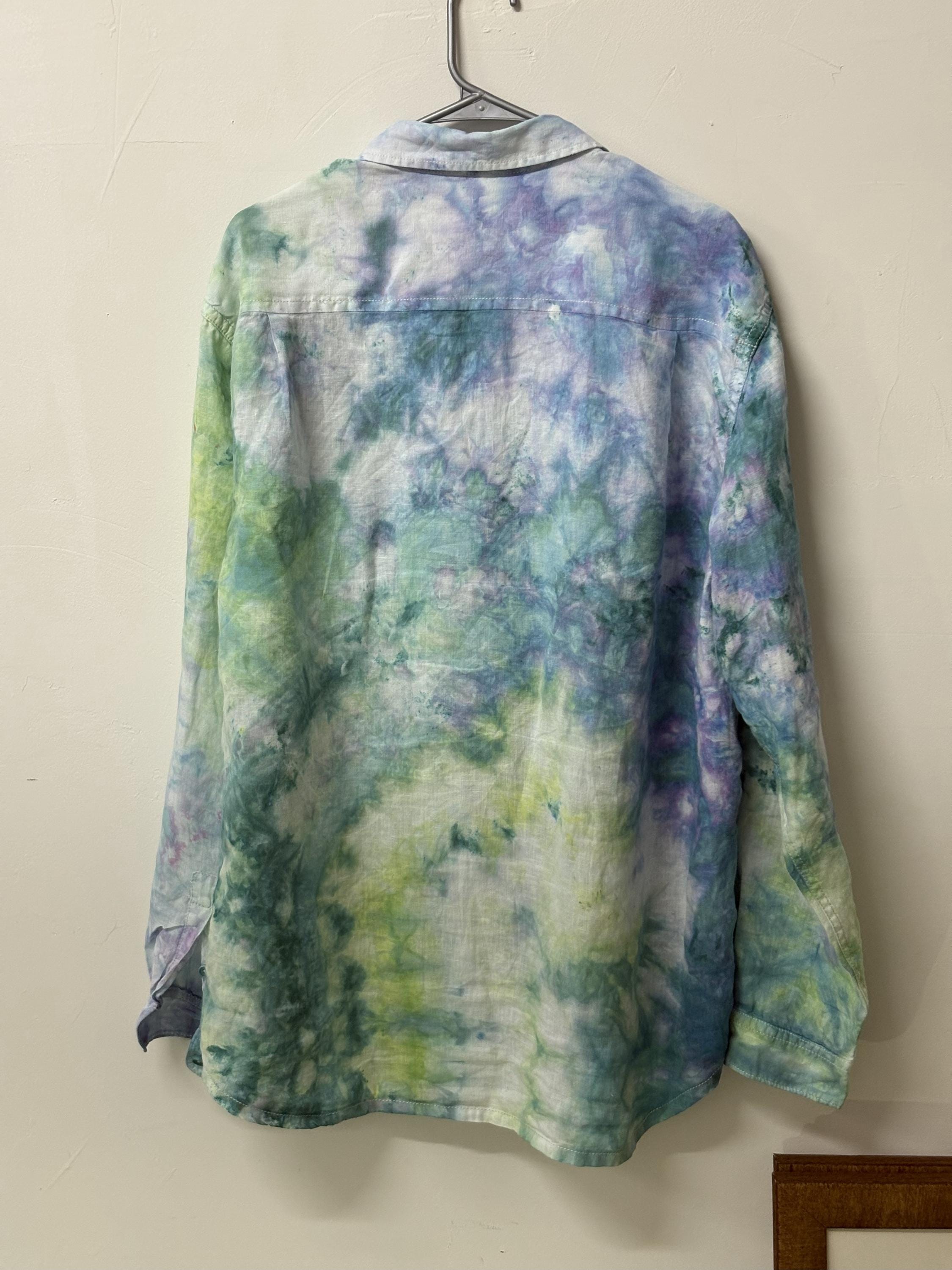 Oversized Tie Dye Linen Shirt XXL – Natural Cozy Windbreaker, Handmade Boho Beachwear